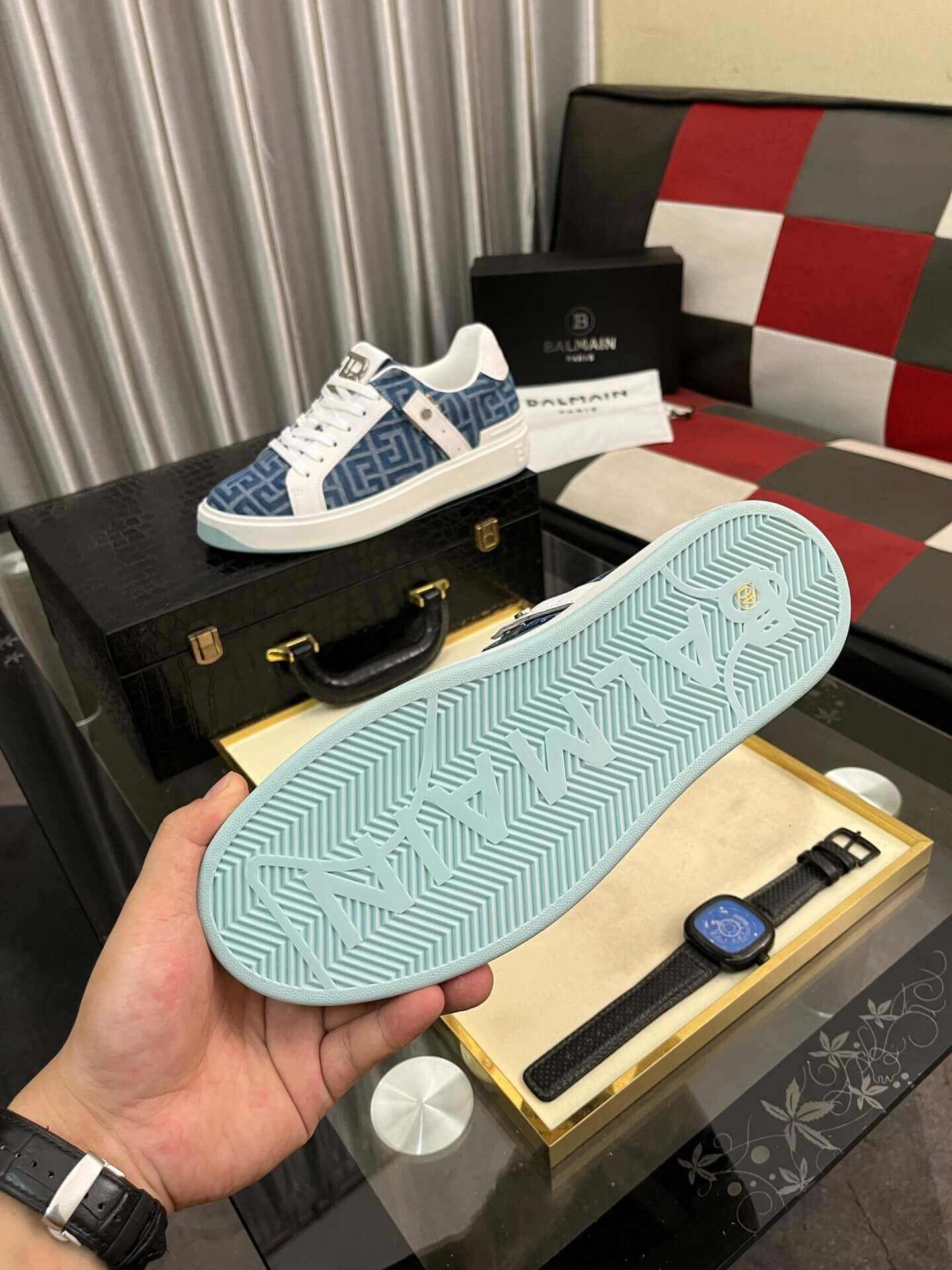 Balmain Blue Monogram Jacquard B-Court Sneakers 7 Balmain Blue Monogram Jacquard B-Court Sneakers - Image 7