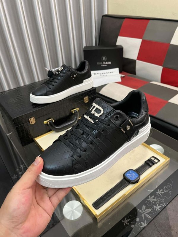 Balmain B-Court Sneakers in Black Pattern Embossed Leather