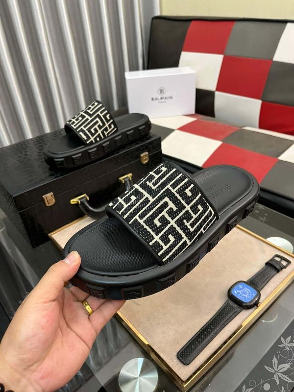 Balmainblackslideswithapatternedstrap_1 Balmain Monogram Jacquard Slides in Black