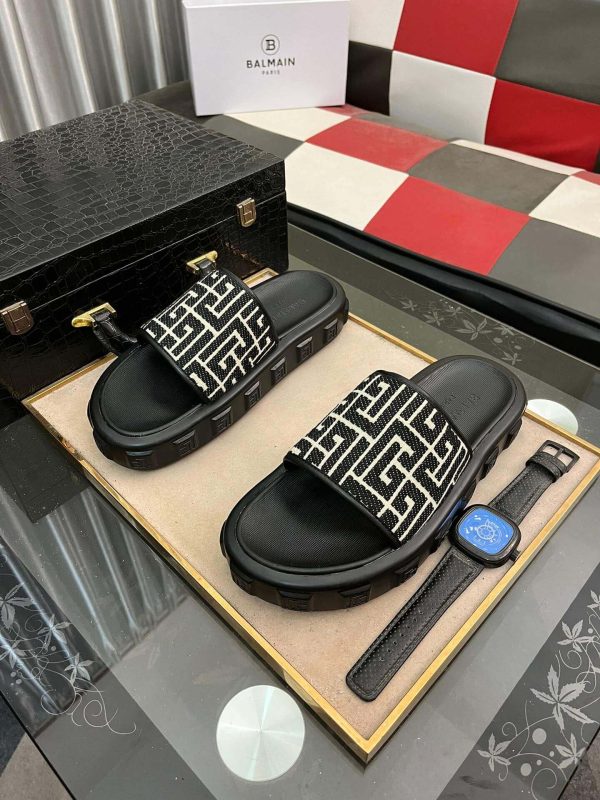 Balmainblackslideswithapatternedstrap_5 Balmain Monogram Jacquard Slides in Black