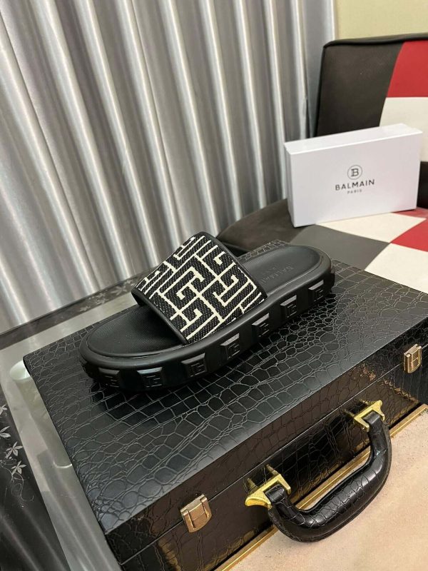 Balmainblackslideswithapatternedstrap_6 Balmain Monogram Jacquard Slides in Black