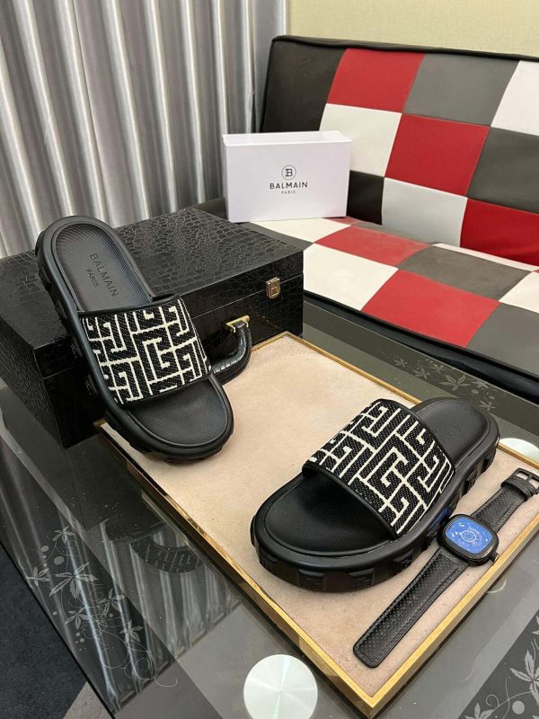 Balmainblackslideswithapatternedstrap_7 Balmain Monogram Jacquard Slides in Black