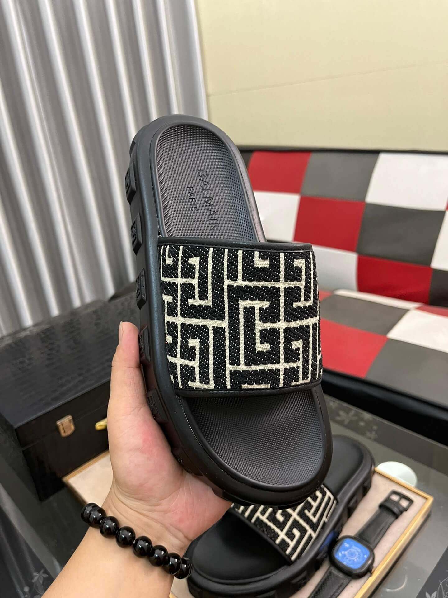 Balmain Monogram Jacquard Slides in Black 4 Balmain Monogram Jacquard Slides in Black - Image 4