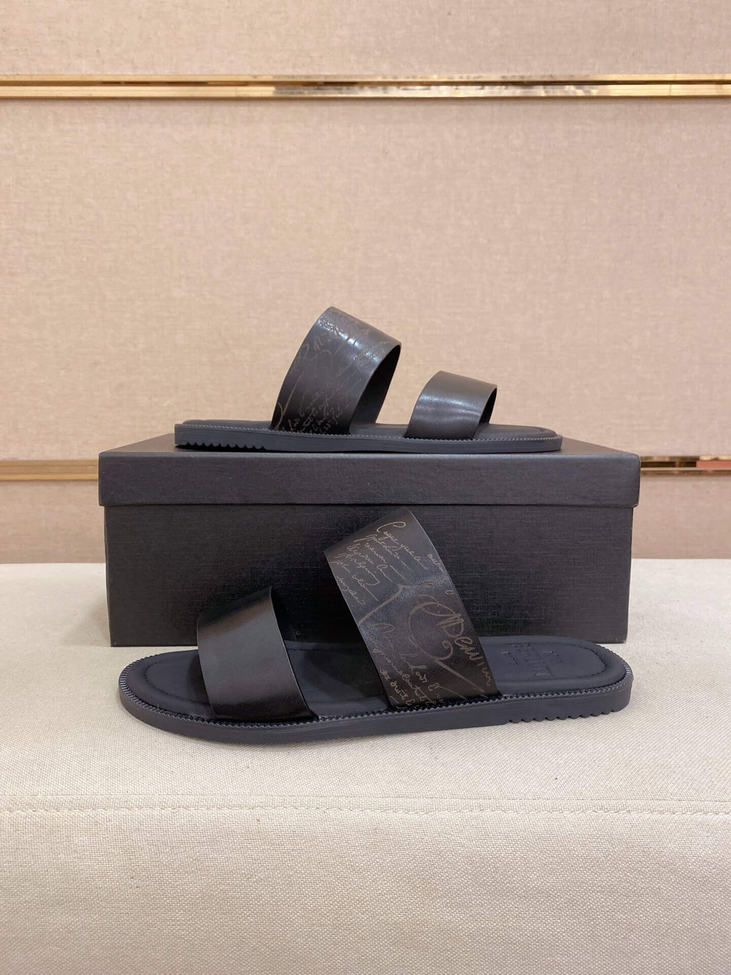 Berluti Sifnos Scritto Leather Sandal in Black 9 Berluti Sifnos Scritto Leather Sandal in Black - Image 9