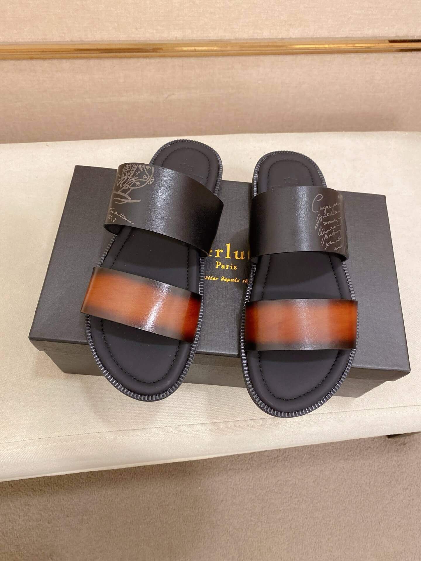 Berluti Sifnos Scritto Leather Sandal in Cacao Intenso 1 Berluti Sifnos Scritto Leather Sandal in Cacao Intenso