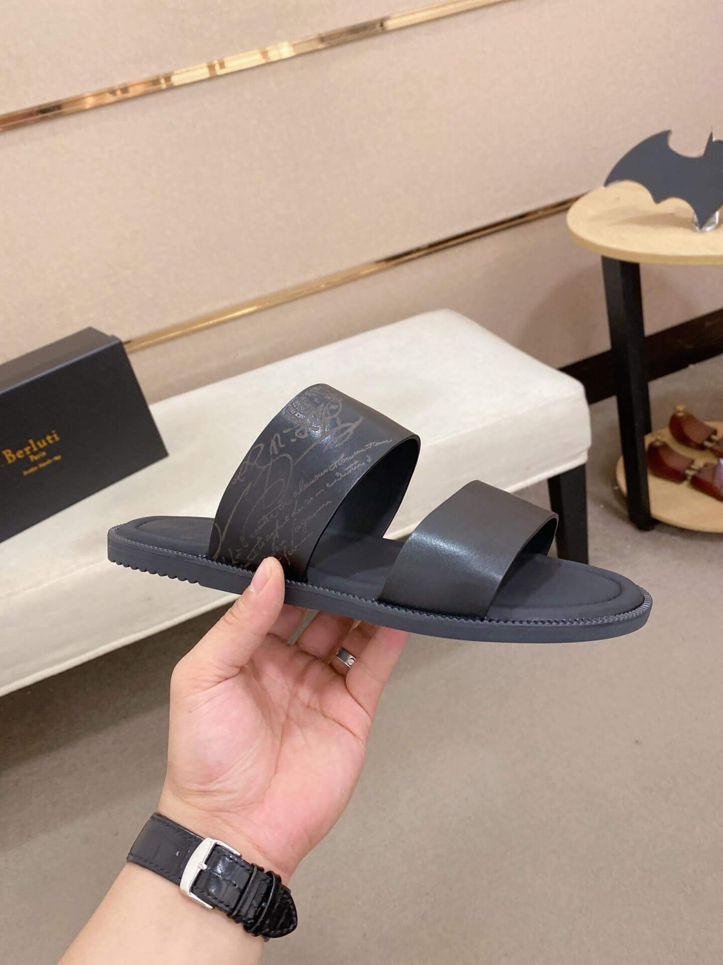 Berluti Sifnos Scritto Leather Sandal in Black 5 Berluti Sifnos Scritto Leather Sandal in Black - Image 5