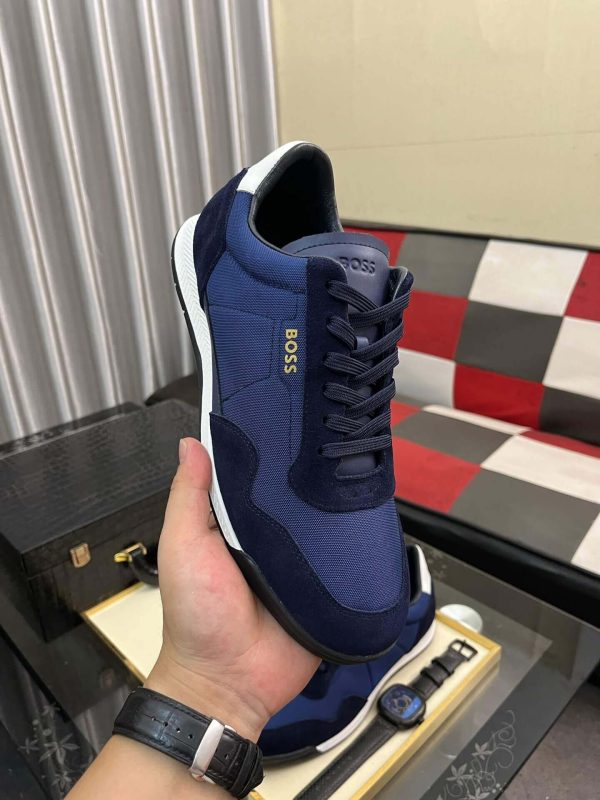 Boss Mixed-Material Lace-Up Blue Trainers with Suede Trims