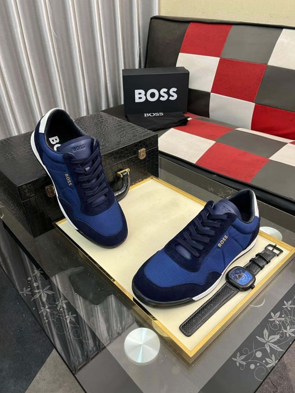 Boss Mixed-Material Lace-Up Blue Trainers with Suede Trims