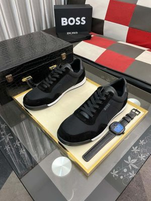 Boss Mixed-Material Lace-Up Black Trainers with Suede Trims