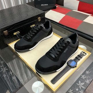 Boss Mixed-Material Lace-Up Black Trainers with Suede Trims