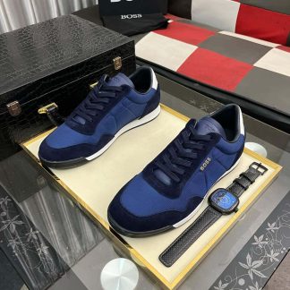 Boss Mixed-Material Lace-Up Blue Trainers with Suede Trims