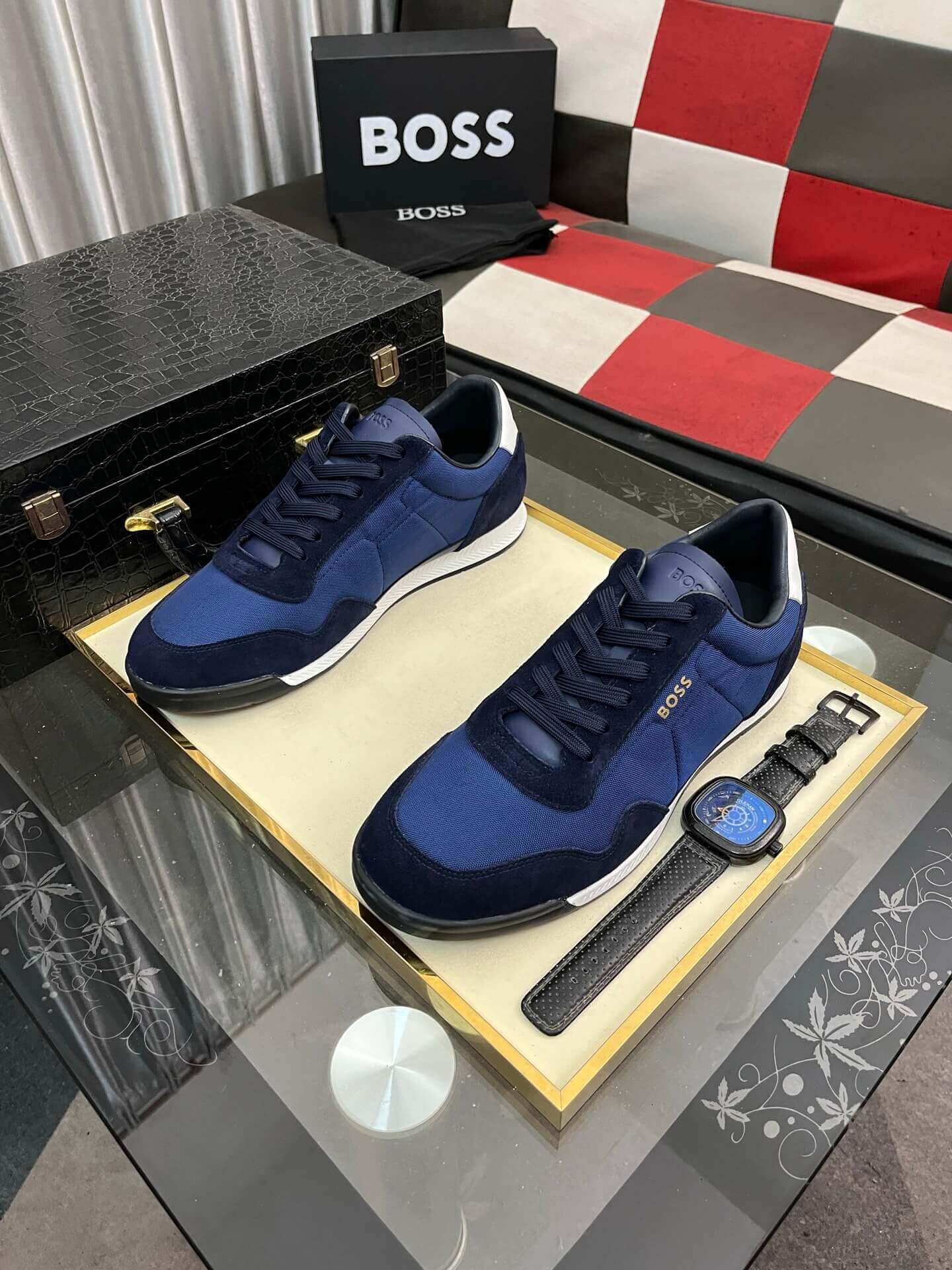 Boss Mixed-Material Lace-Up Blue Trainers with Suede Trims 1 Boss Mixed-Material Lace-Up Blue Trainers with Suede Trims