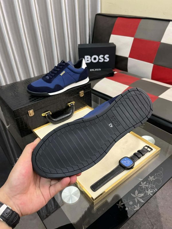 Boss Mixed-Material Lace-Up Blue Trainers with Suede Trims