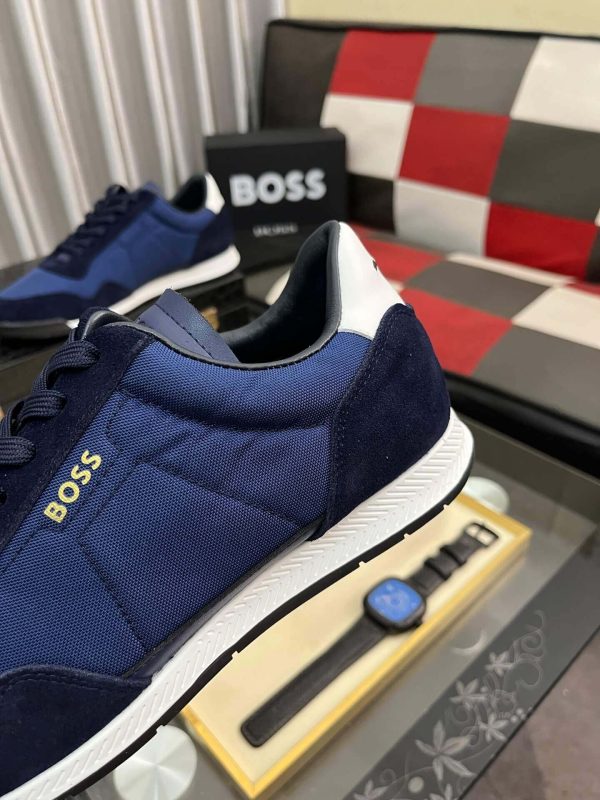 Boss Mixed-Material Lace-Up Blue Trainers with Suede Trims
