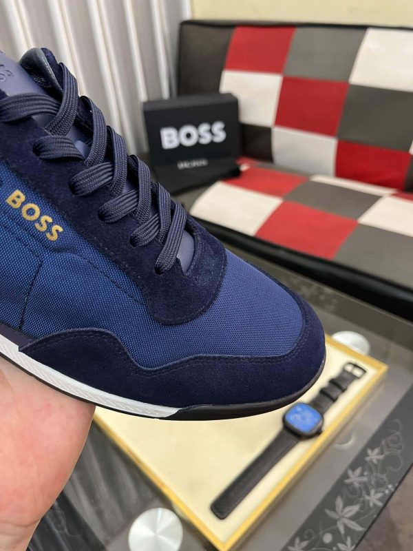 Boss Mixed-Material Lace-Up Blue Trainers with Suede Trims