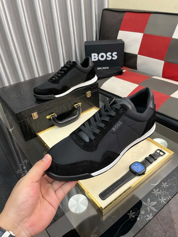 Boss Mixed-Material Lace-Up Black Trainers with Suede Trims
