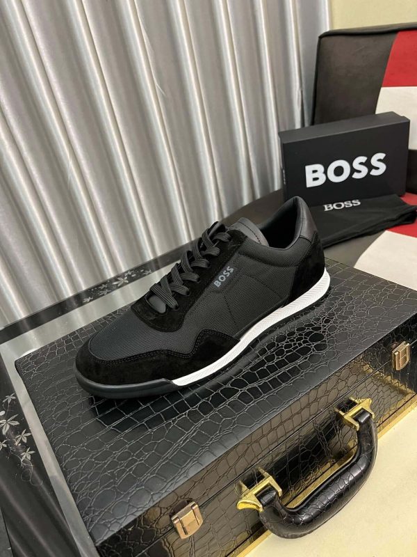 Boss Mixed-Material Lace-Up Black Trainers with Suede Trims