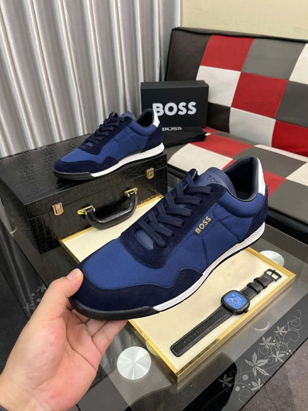 Boss Mixed-Material Lace-Up Blue Trainers with Suede Trims