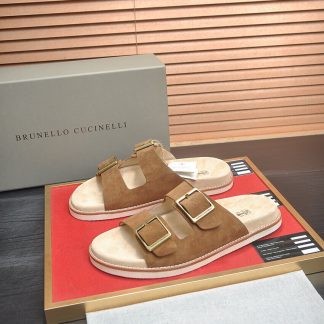 Brunello Cucinelli-Inspired Suede Double-Buckle Sandals – Chestnut Brown