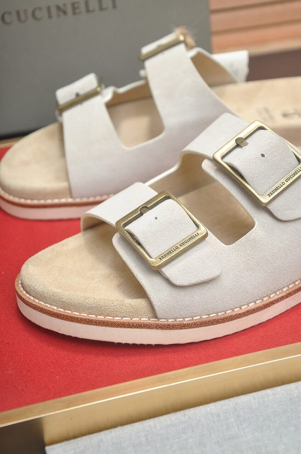 Brunello Cucinelli-Inspired Suede Double-Buckle Sandals – Sand Beige