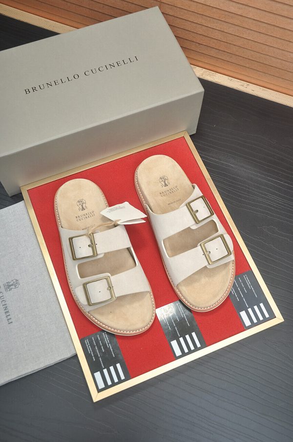 Brunello Cucinelli-Inspired Suede Double-Buckle Sandals – Sand Beige