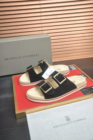 Brunello Cucinelli-Inspired Suede Double-Buckle Sandals – Black