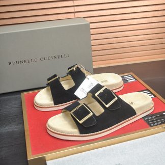 Brunello Cucinelli-Inspired Suede Double-Buckle Sandals – Black