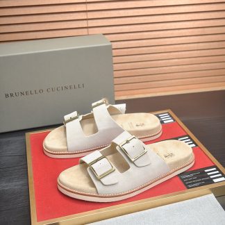Brunello Cucinelli-Inspired Suede Double-Buckle Sandals – Sand Beige