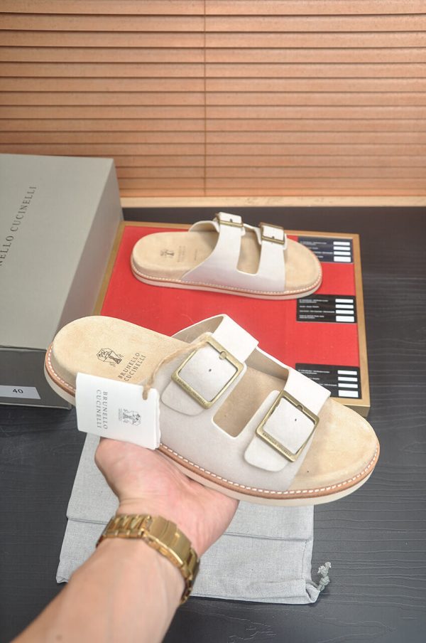 Brunello Cucinelli-Inspired Suede Double-Buckle Sandals – Sand Beige