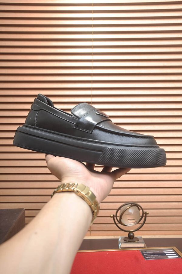 Prada Black Brushed Leather Platform Loafers with Enamel Triangle Logo