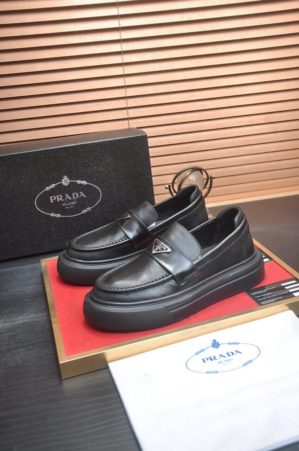 Prada Black Brushed Leather Platform Loafers with Enamel Triangle Logo