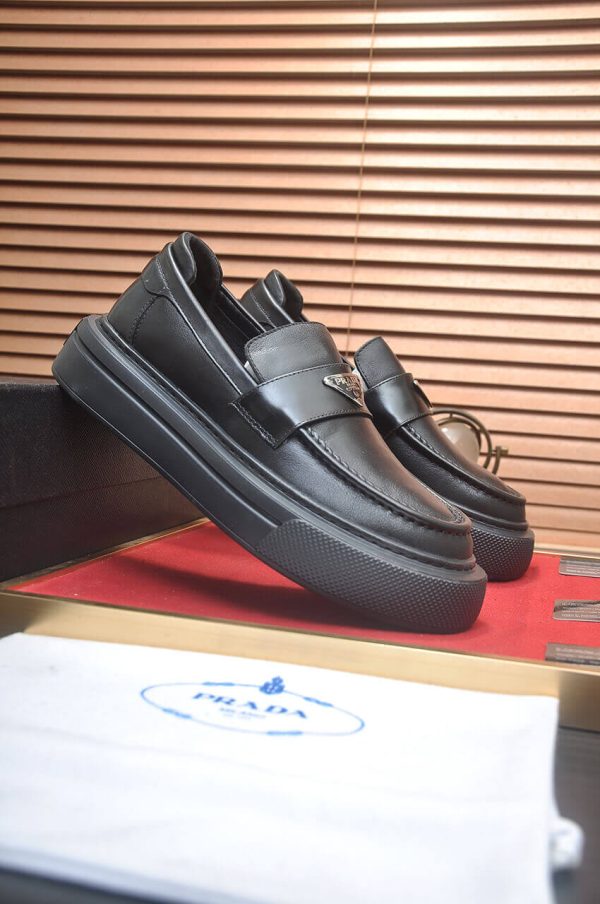 Prada Black Brushed Leather Platform Loafers with Enamel Triangle Logo