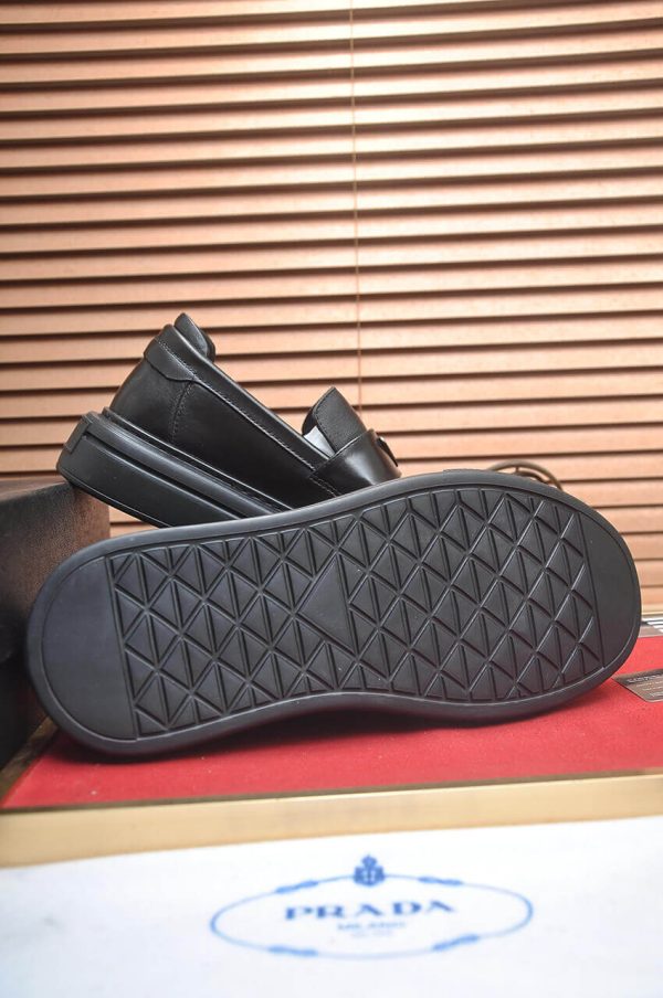 Prada Black Brushed Leather Platform Loafers with Enamel Triangle Logo