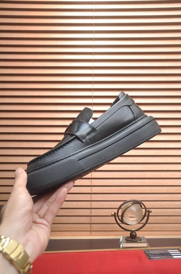 Prada Black Brushed Leather Platform Loafers with Enamel Triangle Logo