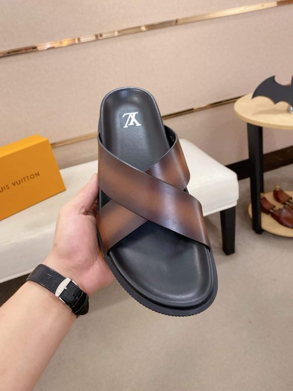 LOUIS VUITTON Men's Brown Leather Crisscross Slides
