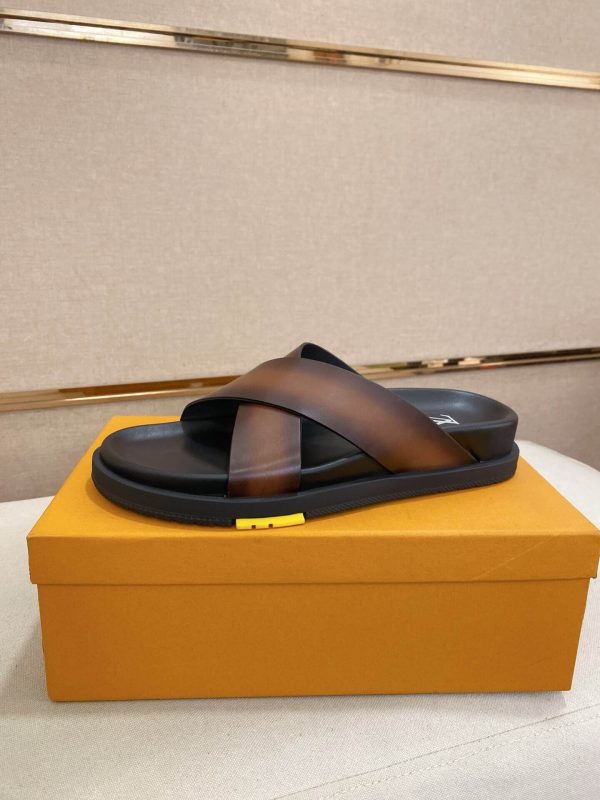 LOUIS VUITTON Men's Brown Leather Crisscross Slides