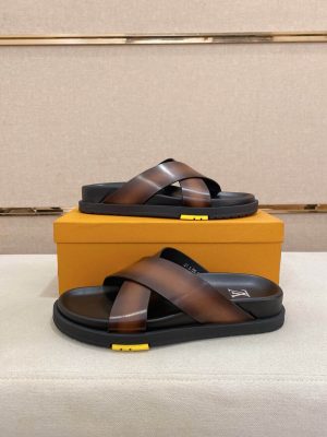 LOUIS VUITTON Men's Brown Leather Crisscross Slides