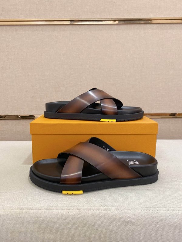 LOUIS VUITTON Men's Brown Leather Crisscross Slides