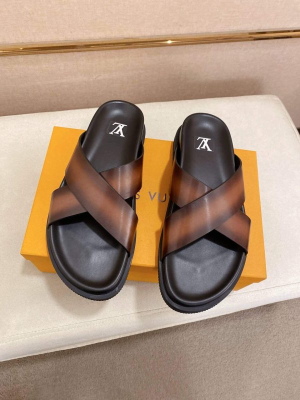 LOUIS VUITTON Men's Brown Leather Crisscross Slides