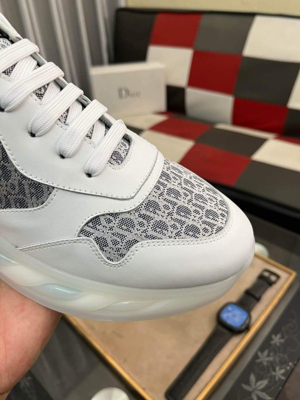 Dior Runner Sneaker in White Leather  and Grey Oblique Jacquard