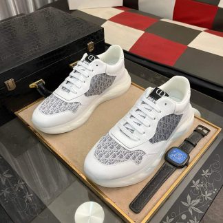 Dior Runner Sneaker in White Leather  and Grey Oblique Jacquard