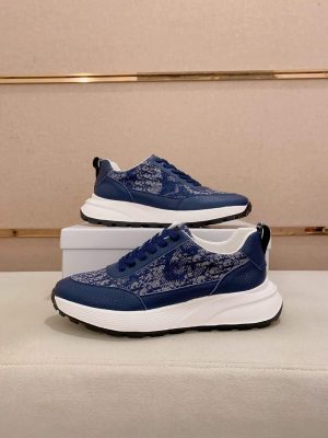 Dior Blue and Brown Dior Oblique Jacquard and Blue Grained Leather Runner Sneaker