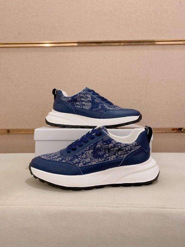 Dior Blue and Brown Dior Oblique Jacquard and Blue Grained Leather Runner Sneaker