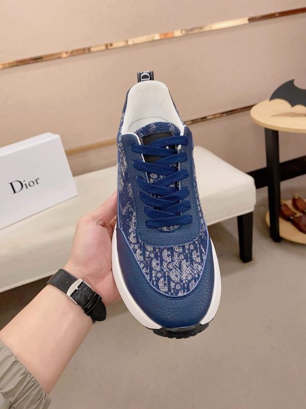 Dior Blue and Brown Dior Oblique Jacquard and Blue Grained Leather Runner Sneaker