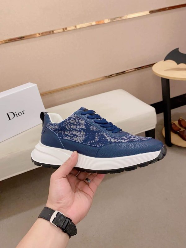 Dior Blue and Brown Dior Oblique Jacquard and Blue Grained Leather Runner Sneaker