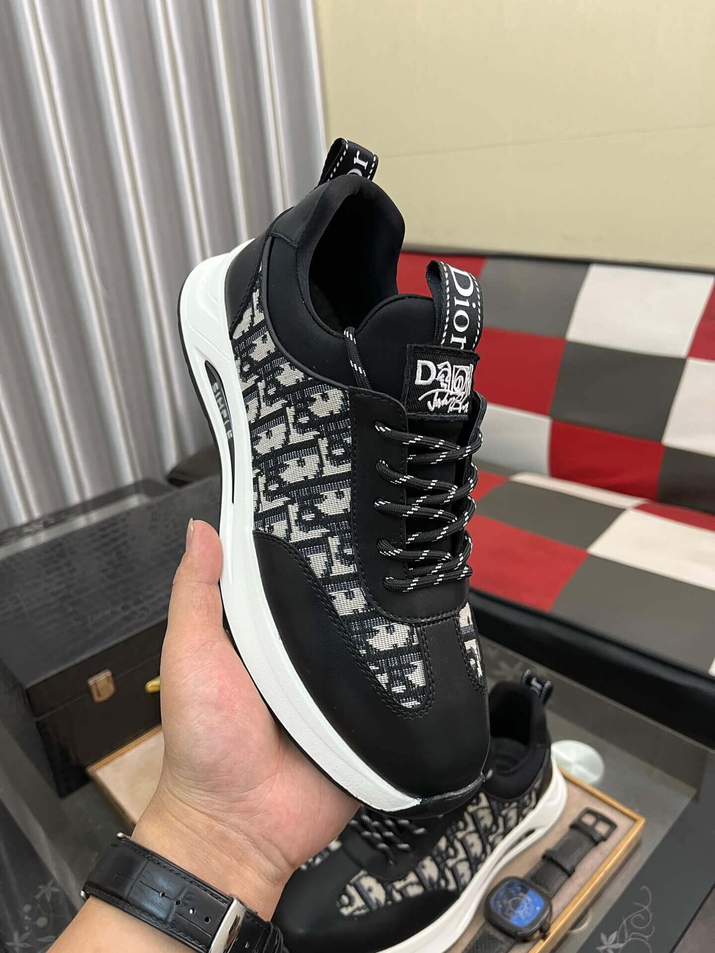 Dior Men's Sneaker in Black Dior Oblique Jacquard and Black Leather 3 Dior Men's Sneaker in Black Dior Oblique Jacquard and Black Leather - Image 3
