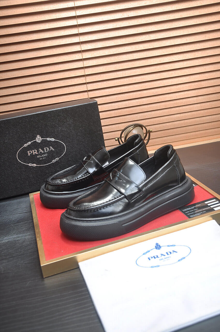 Prada Black Polished Leather Platform Loafers 1 Prada Black Polished Leather Platform Loafers