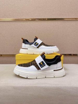 White & Brown Fendi FF Monogram Sneakers with Hook-and-Loop Closure