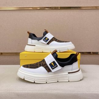 White & Brown Fendi FF Monogram Sneakers with Hook-and-Loop Closure