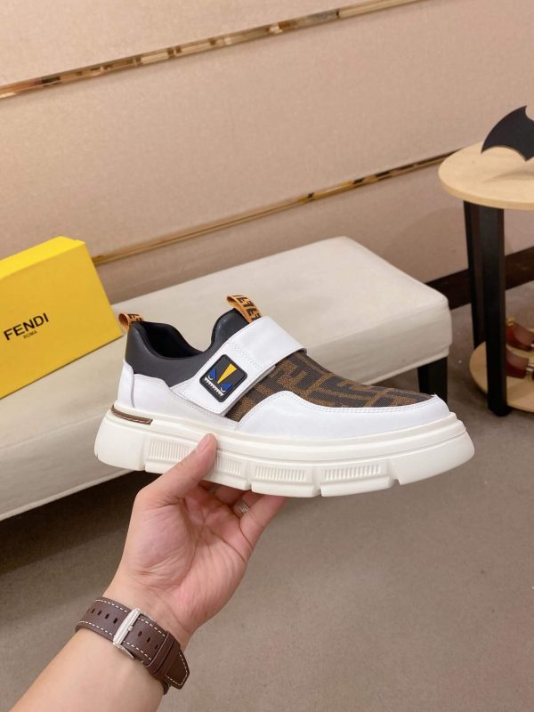 White & Brown Fendi FF Monogram Sneakers with Hook-and-Loop Closure